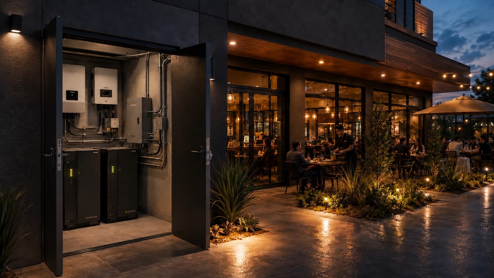 Cuarto técnico con baterías e inversores junto a un restaurante en plena operación nocturna