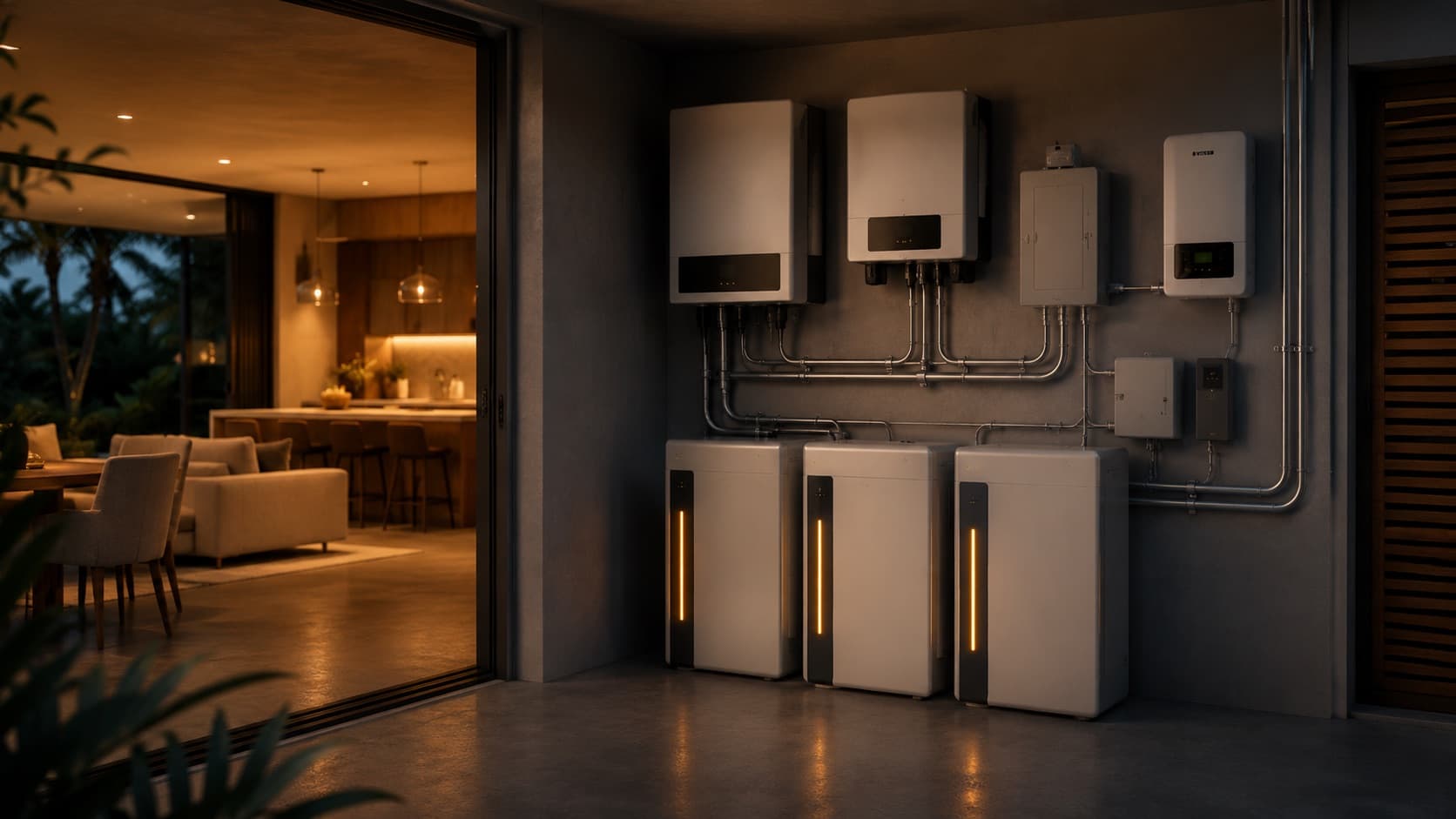 Sala y cocina de un hogar iluminadas junto al sistema de respaldo con baterías e inversores