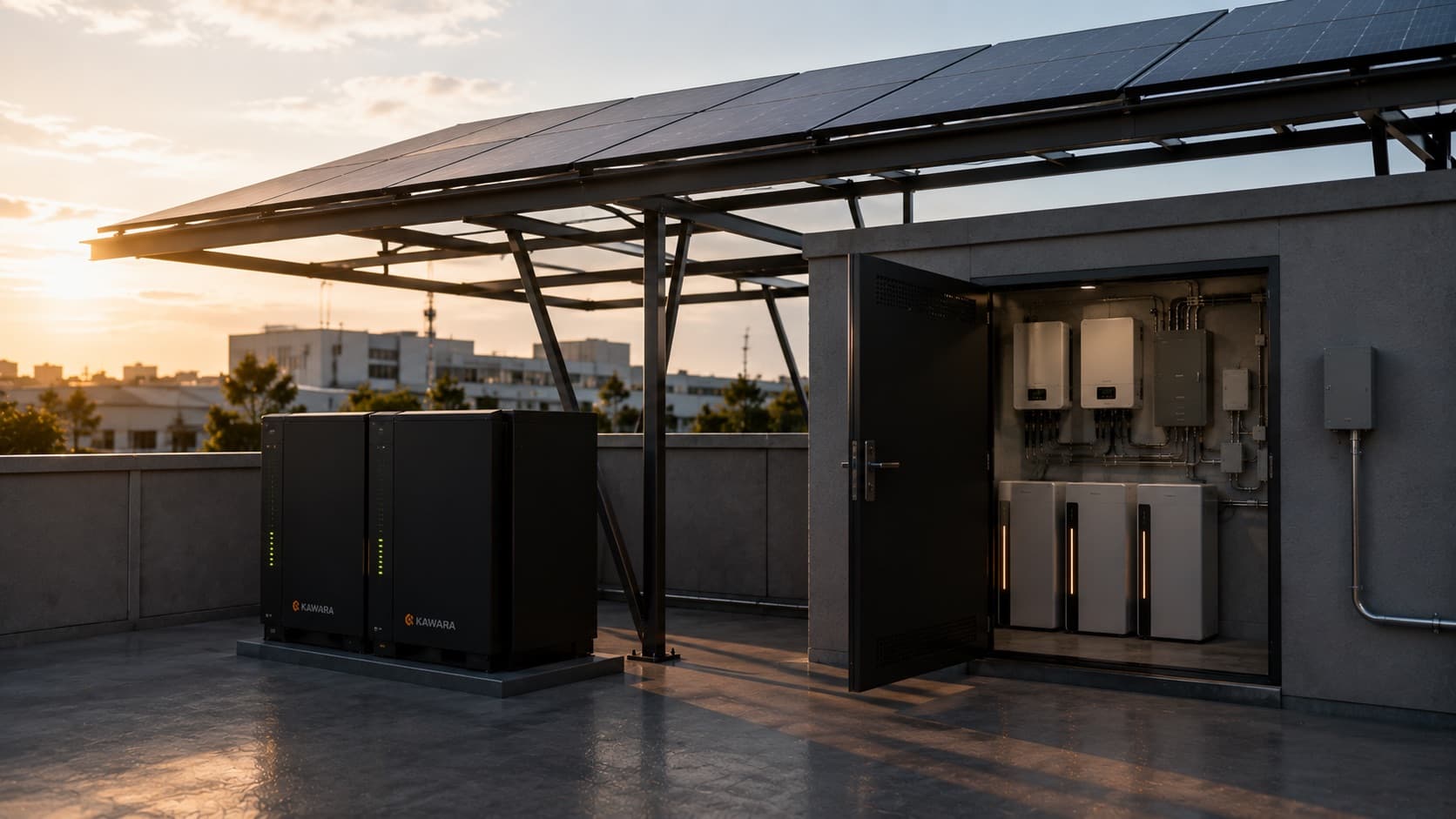 Azotea con paneles solares, gabinetes de baterías Kawara y cuarto técnico con inversores al atardecer